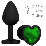 Анальная втулка силиконовая черная с зеленым кристаллом сердце 508-03 GREEN-DD