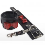 Кожаные наручники чёрные с декором лаковый красный бантик, 3163-1